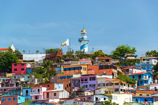 View of the hill and the lighthouse from the promenade in Guayaquil, Ecuador.